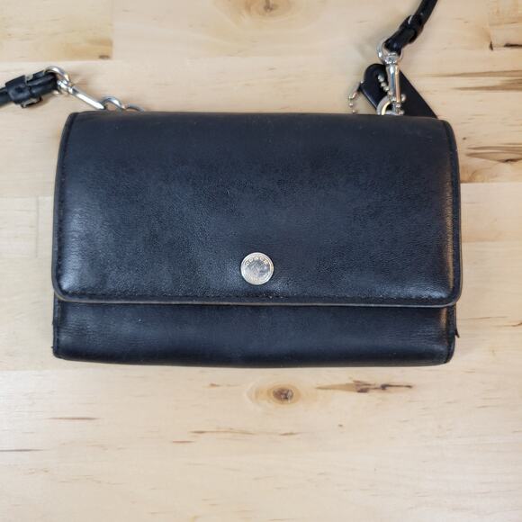 Vintage Coach Crossbody Wallet Womens 6"x4" Black Envelope Leather TriFold Bag - Picture 1 of 12